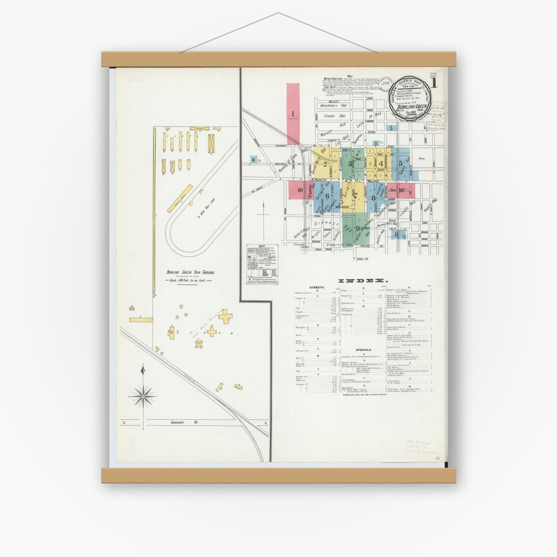 Old map wall art mockup — magnetic wood frame on white wall — Sanborn Fire Insurance Map from Bowling Green, Wood County, Ohio (1900) - Complete Map Set