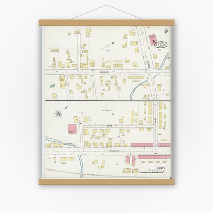 Old map wall art mockup — magnetic wood frame on white wall — Sanborn Fire Insurance Map from Adams, Berkshire County, Massachusetts (1895), Sheet #0009