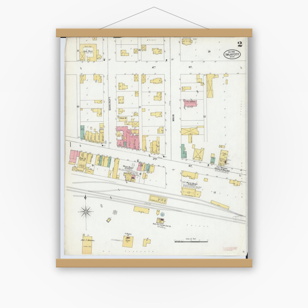 Old map wall art mockup — magnetic wood frame on white wall — Sanborn Fire Insurance Map from Imlay City, Lapeer County, Michigan (1900), Sheet #0002