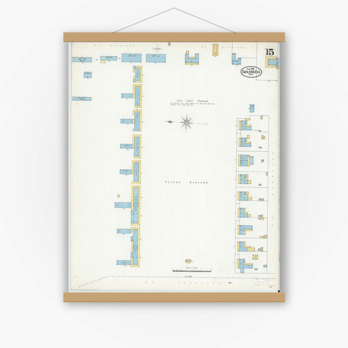 Old map wall art mockup — magnetic wood frame on white wall — Sanborn Fire Insurance Map from San Angelo, Tom Green County, Texas (1904), Sheet #0015