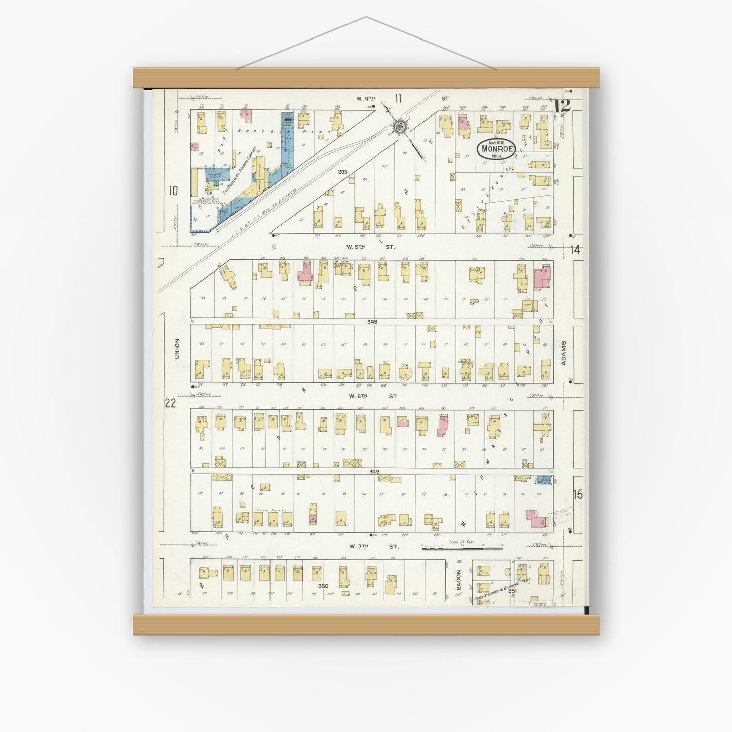 Old map wall art mockup — magnetic wood frame on white wall — Sanborn Fire Insurance Map from Monroe, Monroe County, Michigan (1916), Sheet #0012