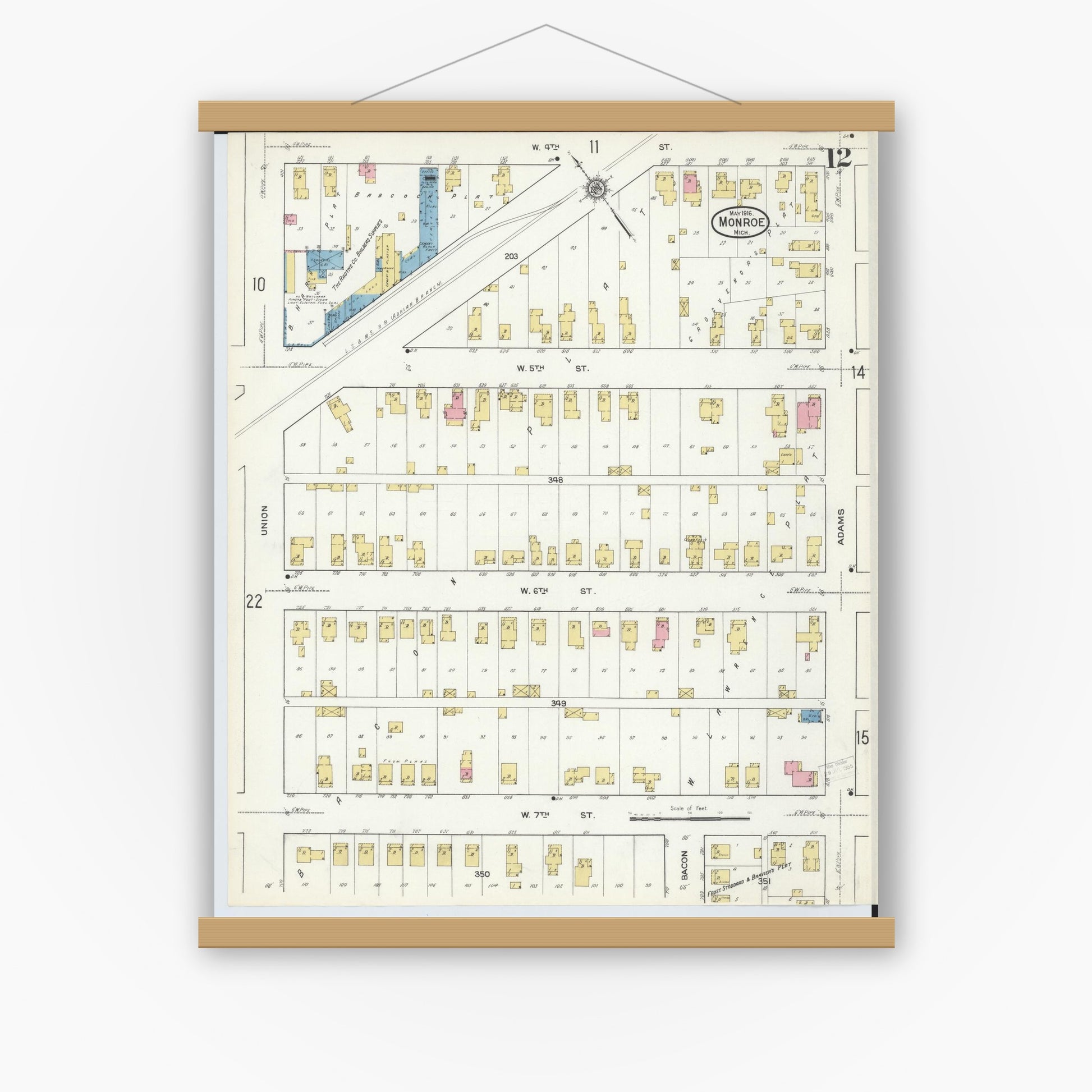 Old map wall art mockup — magnetic wood frame on white wall — Sanborn Fire Insurance Map from Monroe, Monroe County, Michigan (1916), Sheet #0012