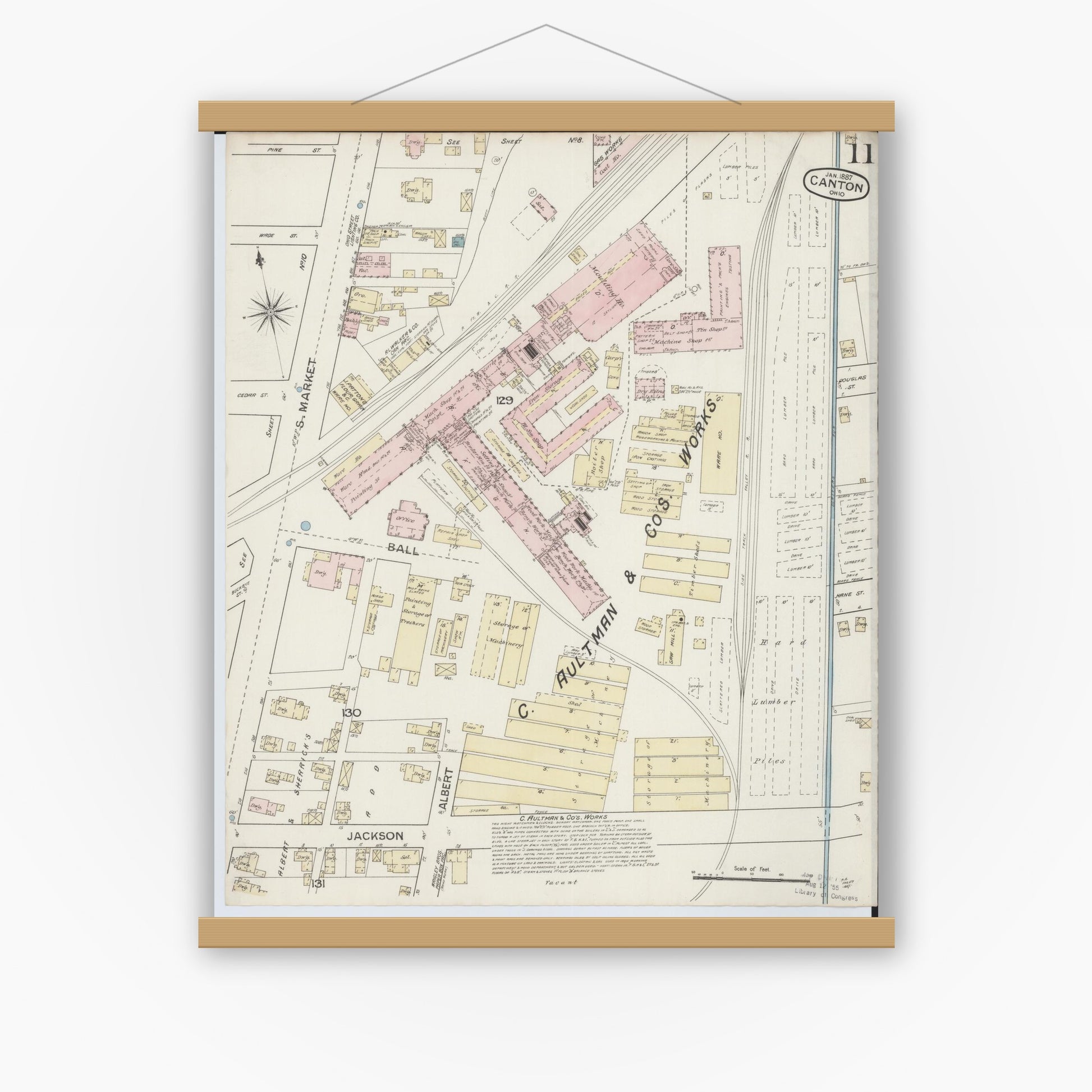 Old map wall art mockup — magnetic wood frame on white wall — Sanborn Fire Insurance Map from Canton, Stark County, Ohio (1887), Sheet #0011