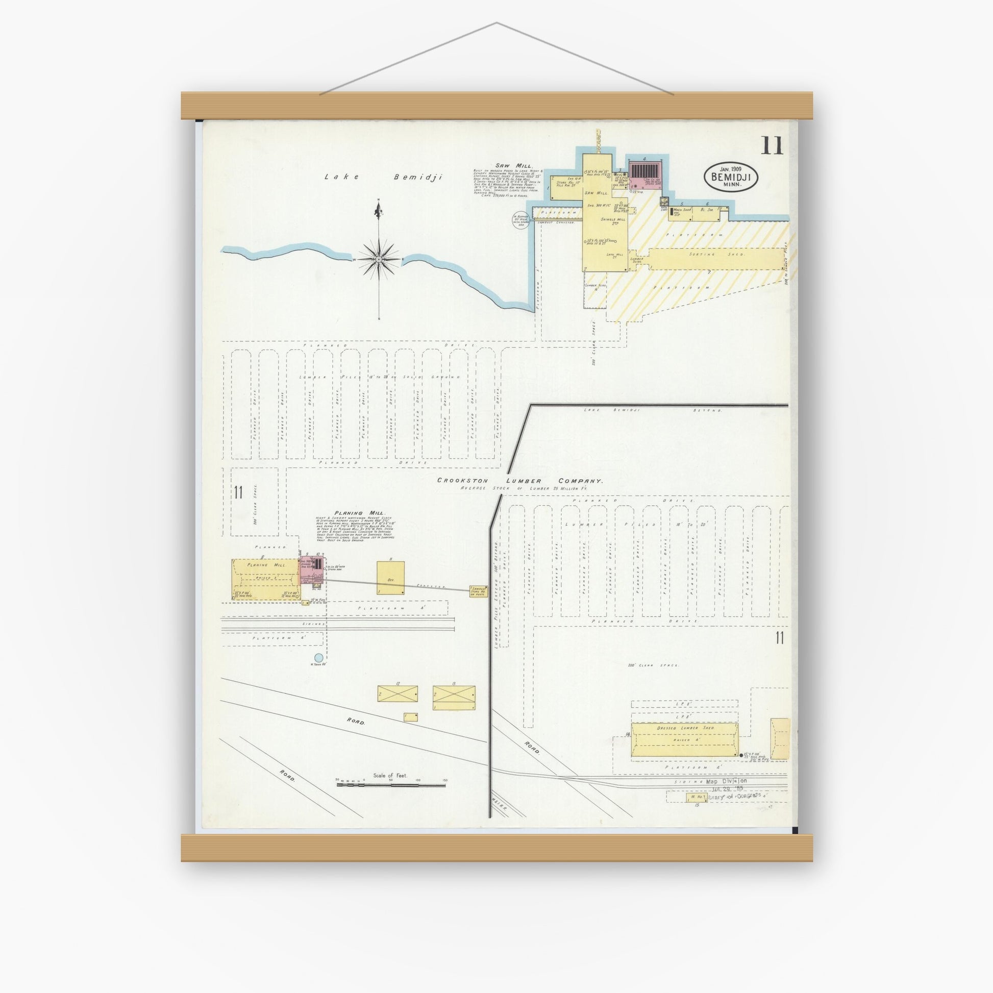 Old map wall art mockup — magnetic wood frame on white wall — Sanborn Fire Insurance Map from Bemidji, Beltrami County, Minnesota (1909), Sheet #0011