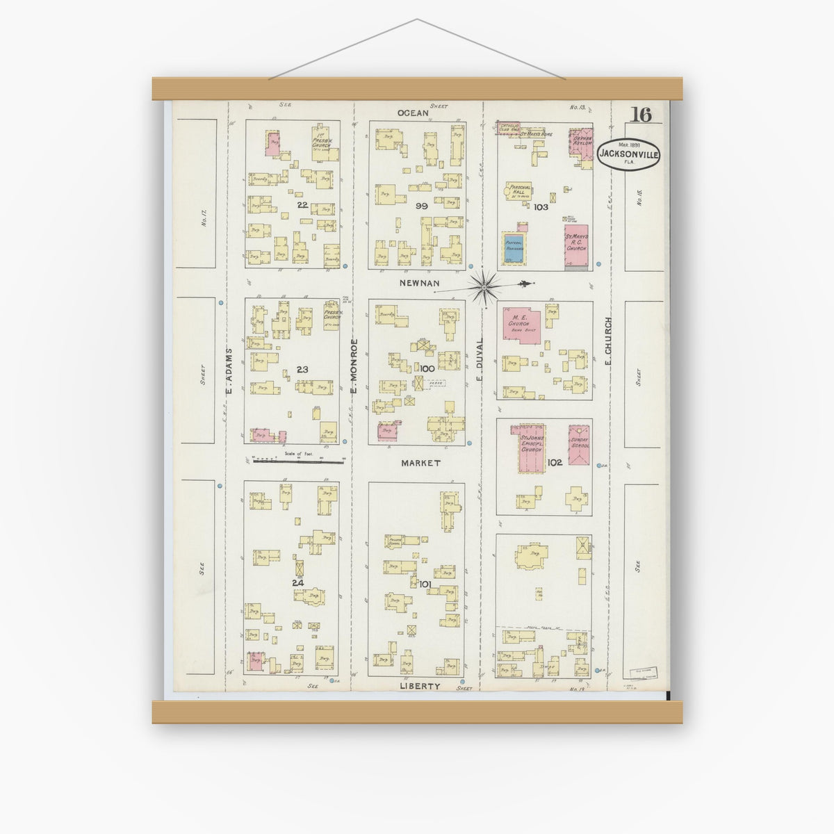Old map wall art mockup — magnetic wood frame on white wall — Sanborn Fire Insurance Map from Jacksonville, Duval County, Florida (1891), Sheet #0016
