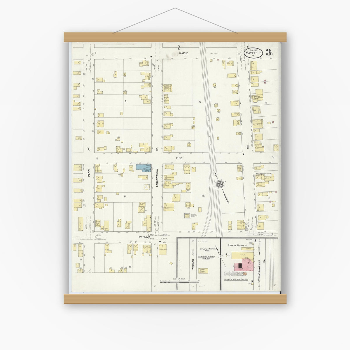 Old map wall art mockup — magnetic wood frame on white wall — Sanborn Fire Insurance Map from Mayfield, Lackawanna County, Pennsylvania (1912), Sheet #0003