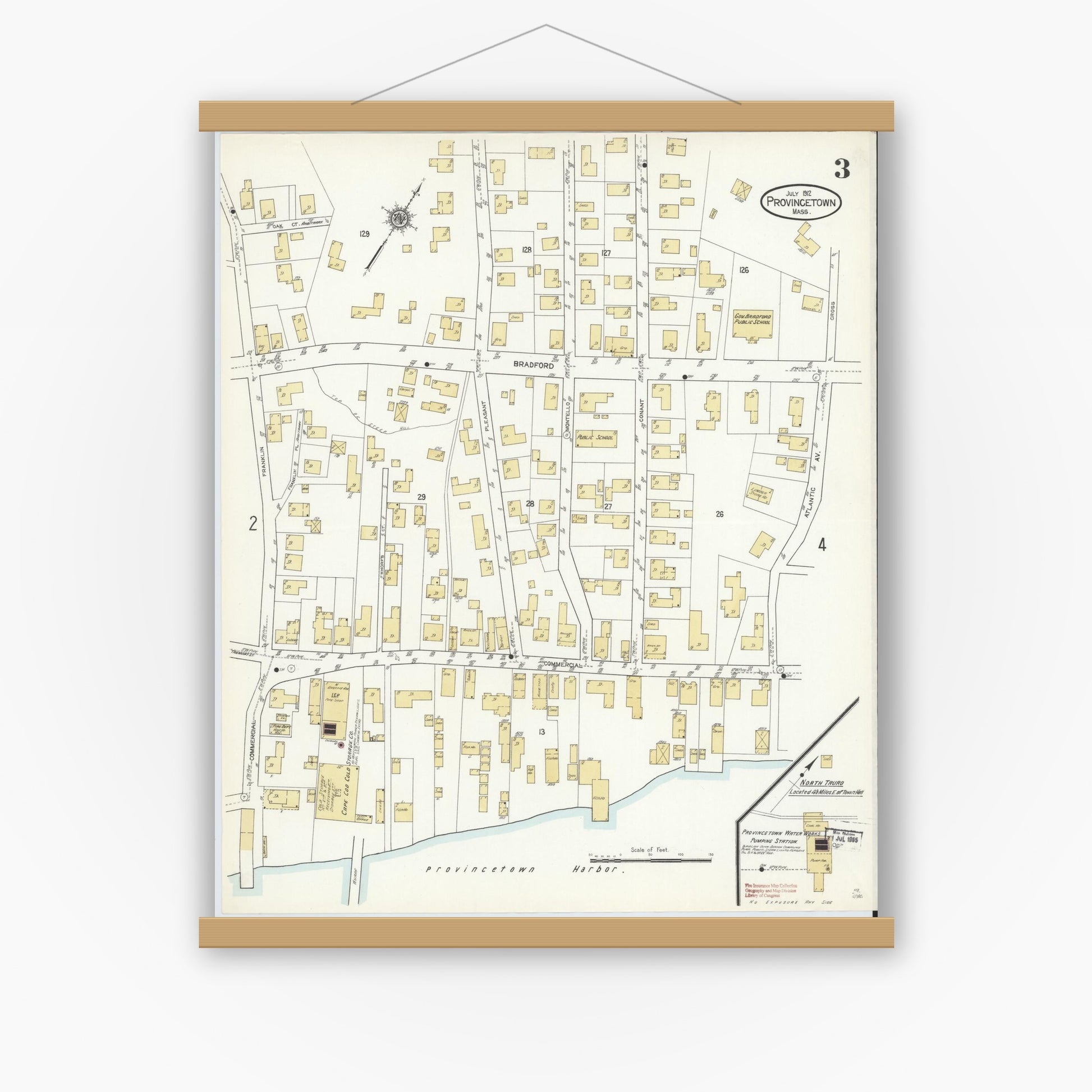 Old map wall art mockup — magnetic wood frame on white wall — Sanborn Fire Insurance Map from Provincetown, Barnstable County, Massachusetts (1912), Sheet #0003