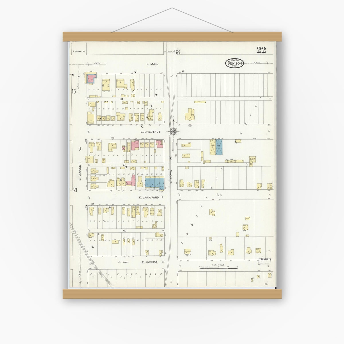Old map wall art mockup — magnetic wood frame on white wall — Sanborn Fire Insurance Map from Denison, Grayson County, Texas (1914), Sheet #0022