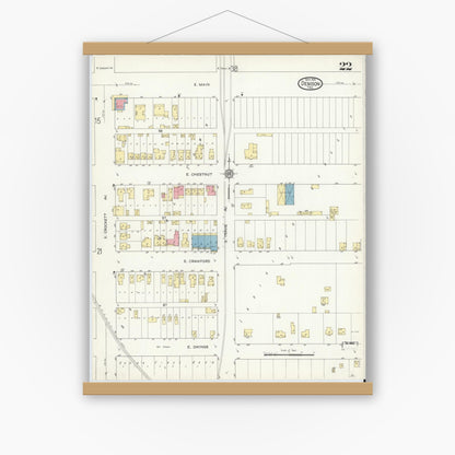 Old map wall art mockup — magnetic wood frame on white wall — Sanborn Fire Insurance Map from Denison, Grayson County, Texas (1914), Sheet #0022