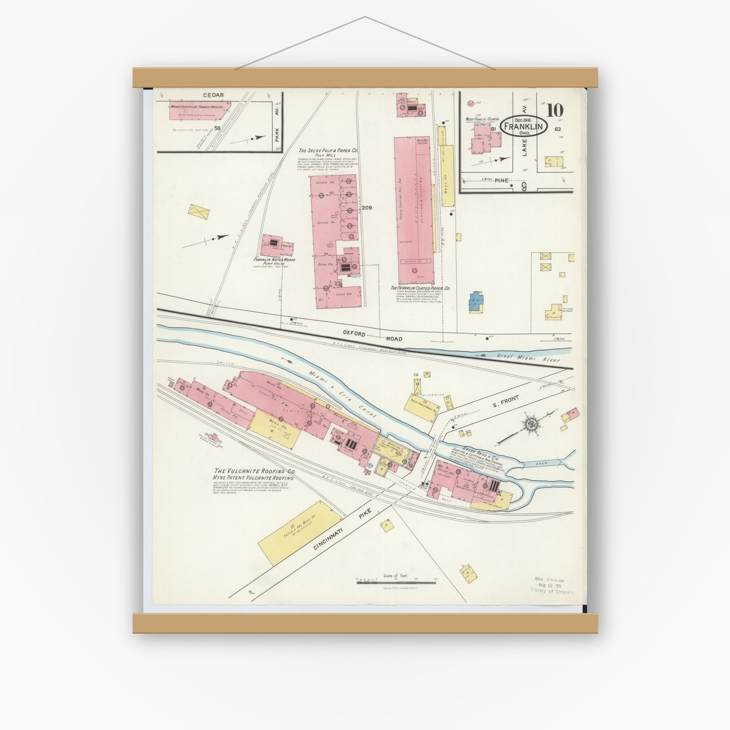 Old map wall art mockup — magnetic wood frame on white wall — Sanborn Fire Insurance Map from Franklin, Warren County, Ohio (1916), Sheet #0010