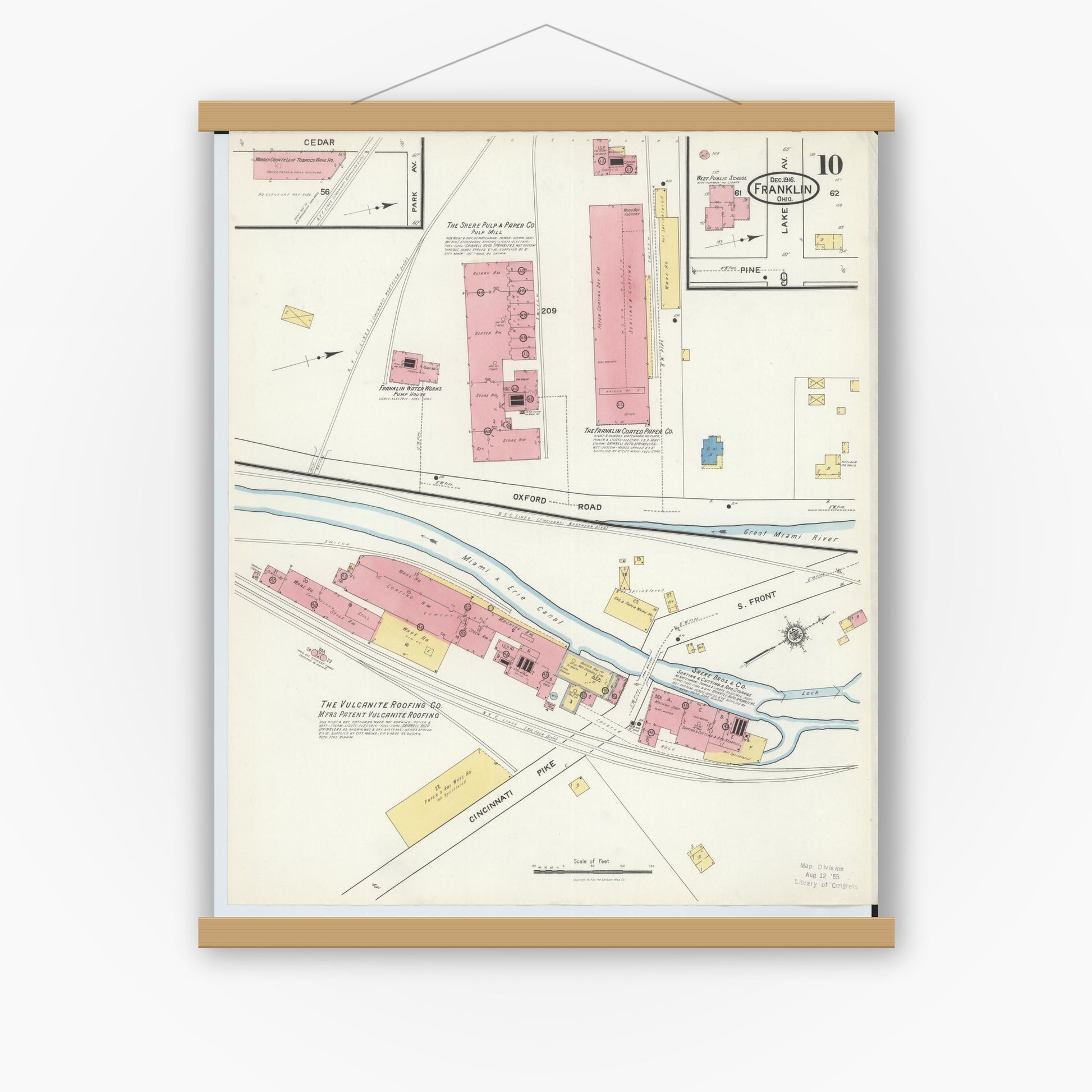 Old map wall art mockup — magnetic wood frame on white wall — Sanborn Fire Insurance Map from Franklin, Warren County, Ohio (1916), Sheet #0010