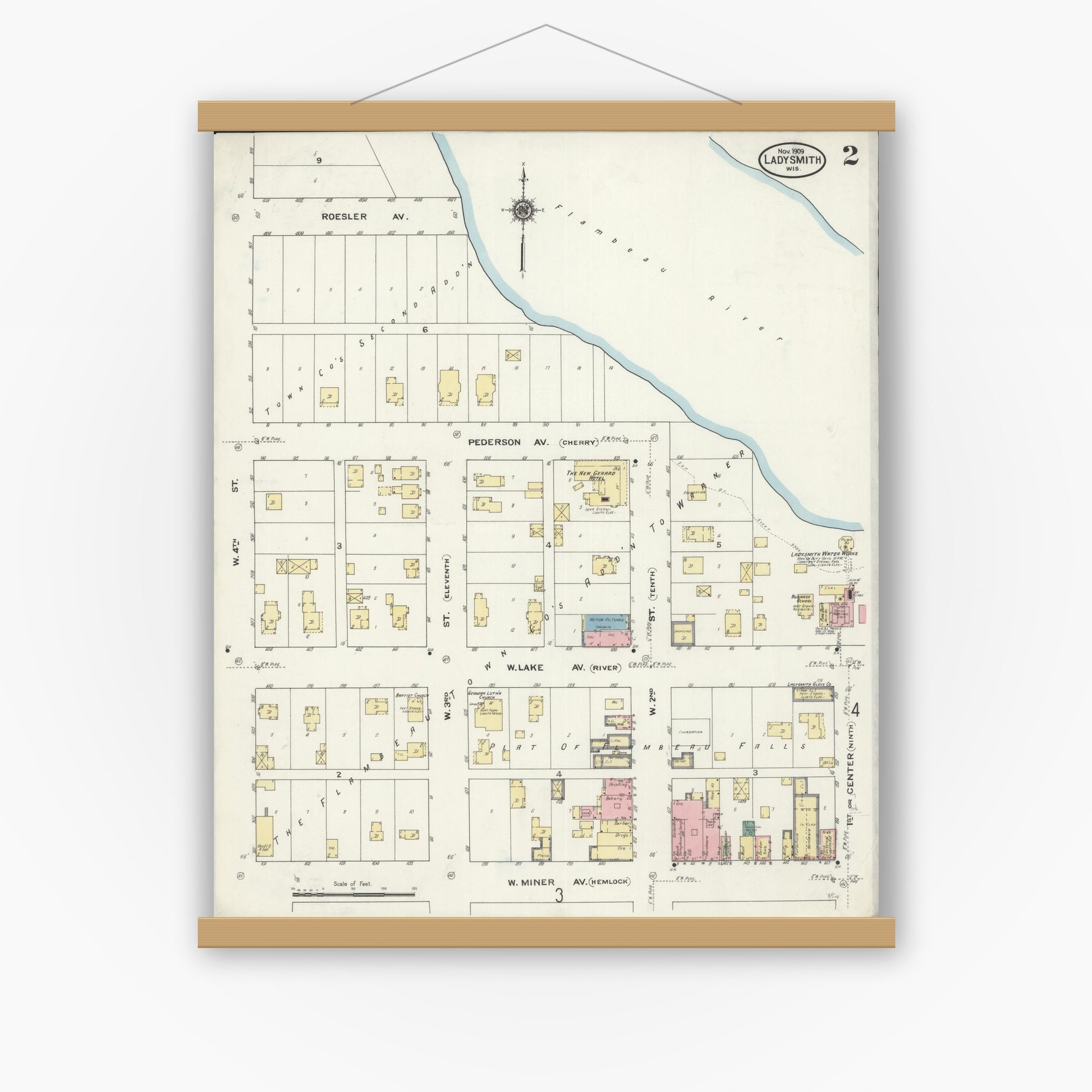 Old map wall art mockup — magnetic wood frame on white wall — Sanborn Fire Insurance Map from Ladysmith, Rusk County, Wisconsin (1909), Sheet #0002