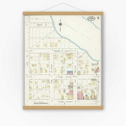 Old map wall art mockup — magnetic wood frame on white wall — Sanborn Fire Insurance Map from Ladysmith, Rusk County, Wisconsin (1909), Sheet #0002