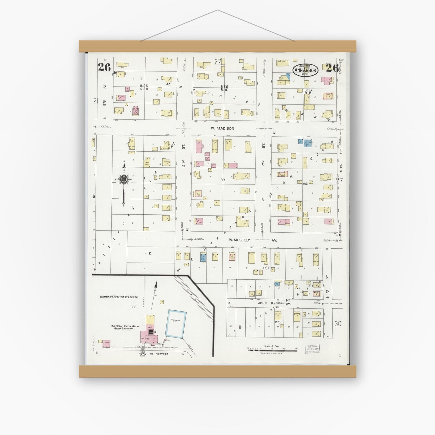 Old map wall art mockup — magnetic wood frame on white wall — Sanborn Fire Insurance Map from Ann Arbor, Washtenaw County, Michigan (1925), Sheet #0026