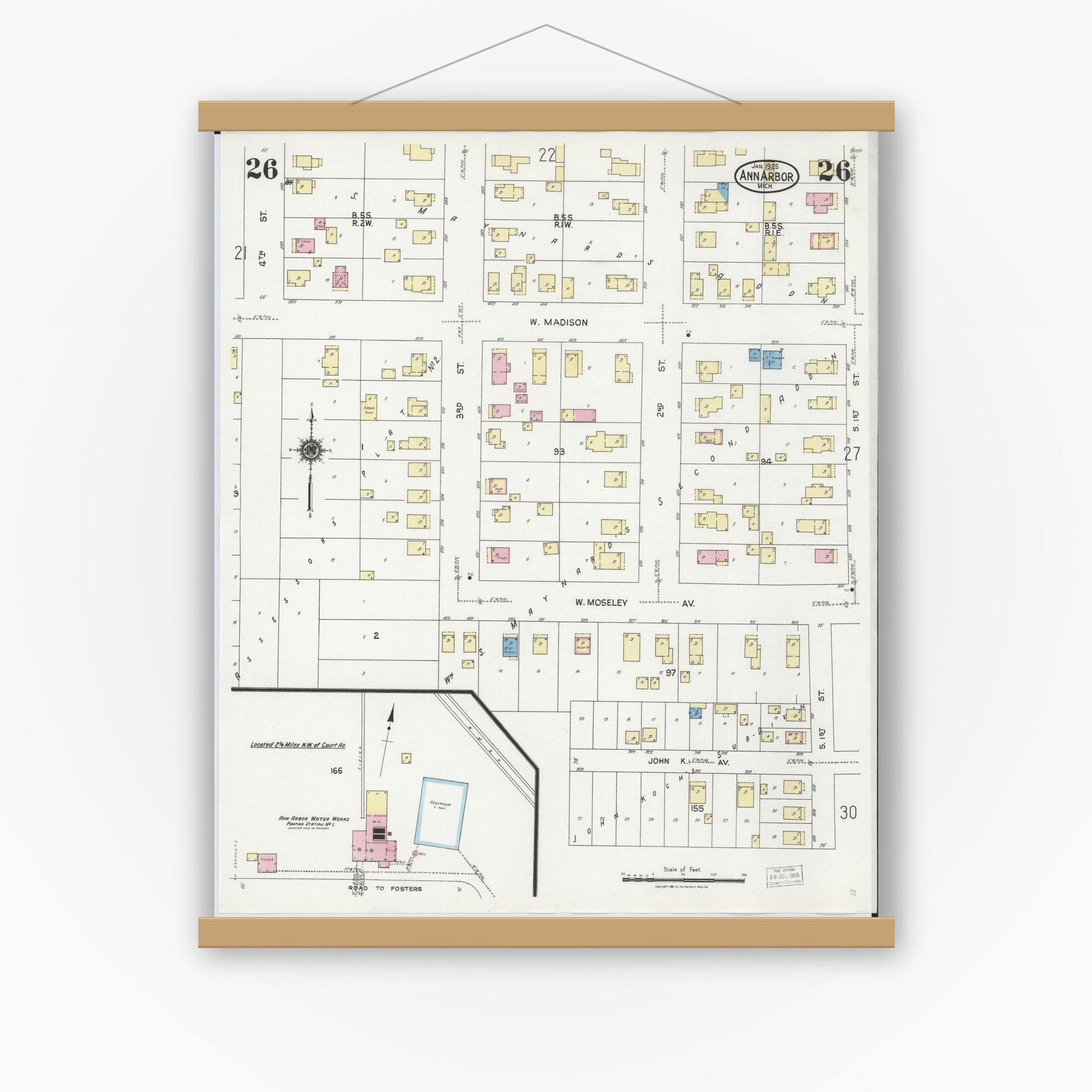 Old map wall art mockup — magnetic wood frame on white wall — Sanborn Fire Insurance Map from Ann Arbor, Washtenaw County, Michigan (1925), Sheet #0026