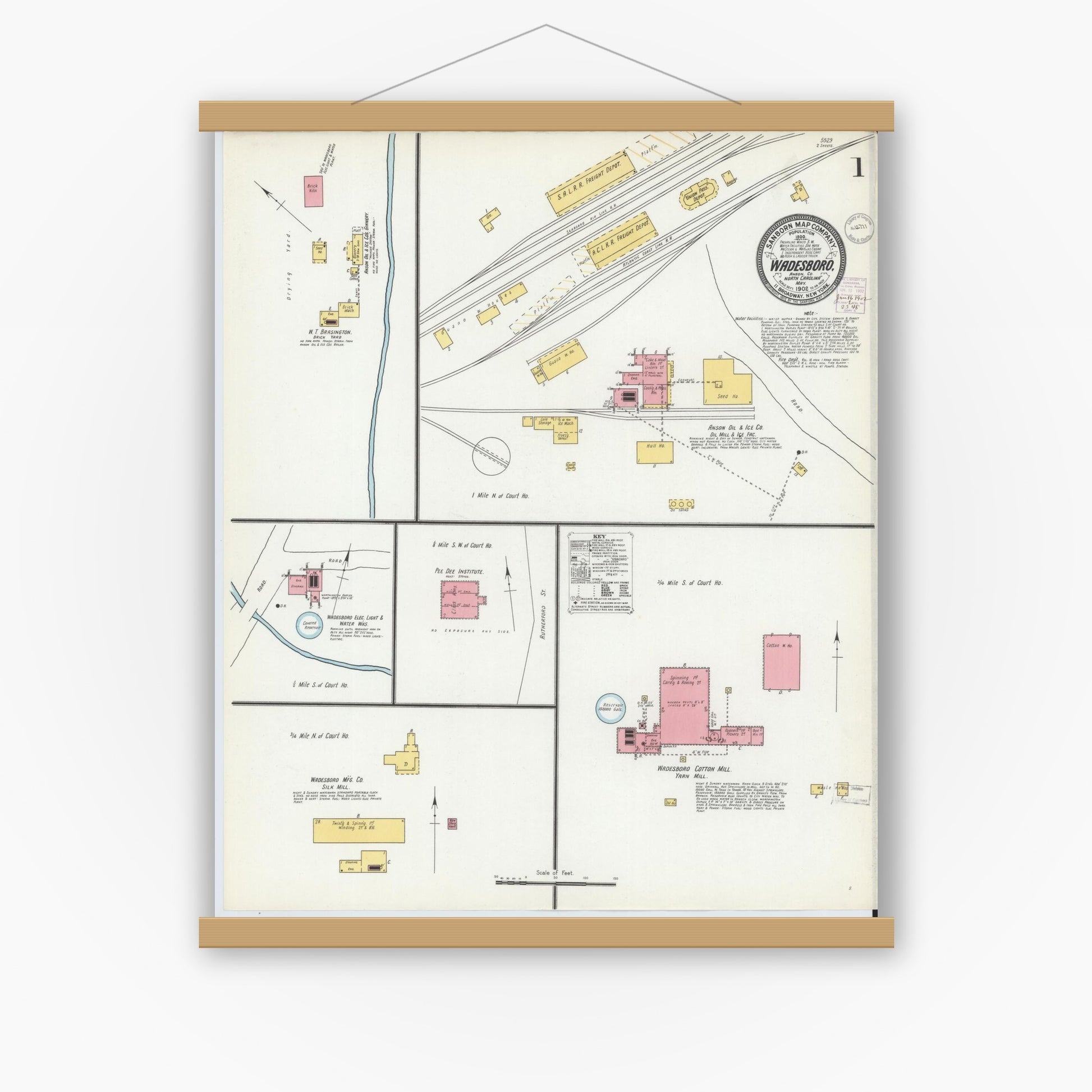 Old map wall art mockup — magnetic wood frame on white wall — Sanborn Fire Insurance Map from Wadesboro, Anson County, North Carolina (1902) - Complete Map Set
