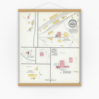 Old map wall art mockup — magnetic wood frame on white wall — Sanborn Fire Insurance Map from Wadesboro, Anson County, North Carolina (1902) - Complete Map Set