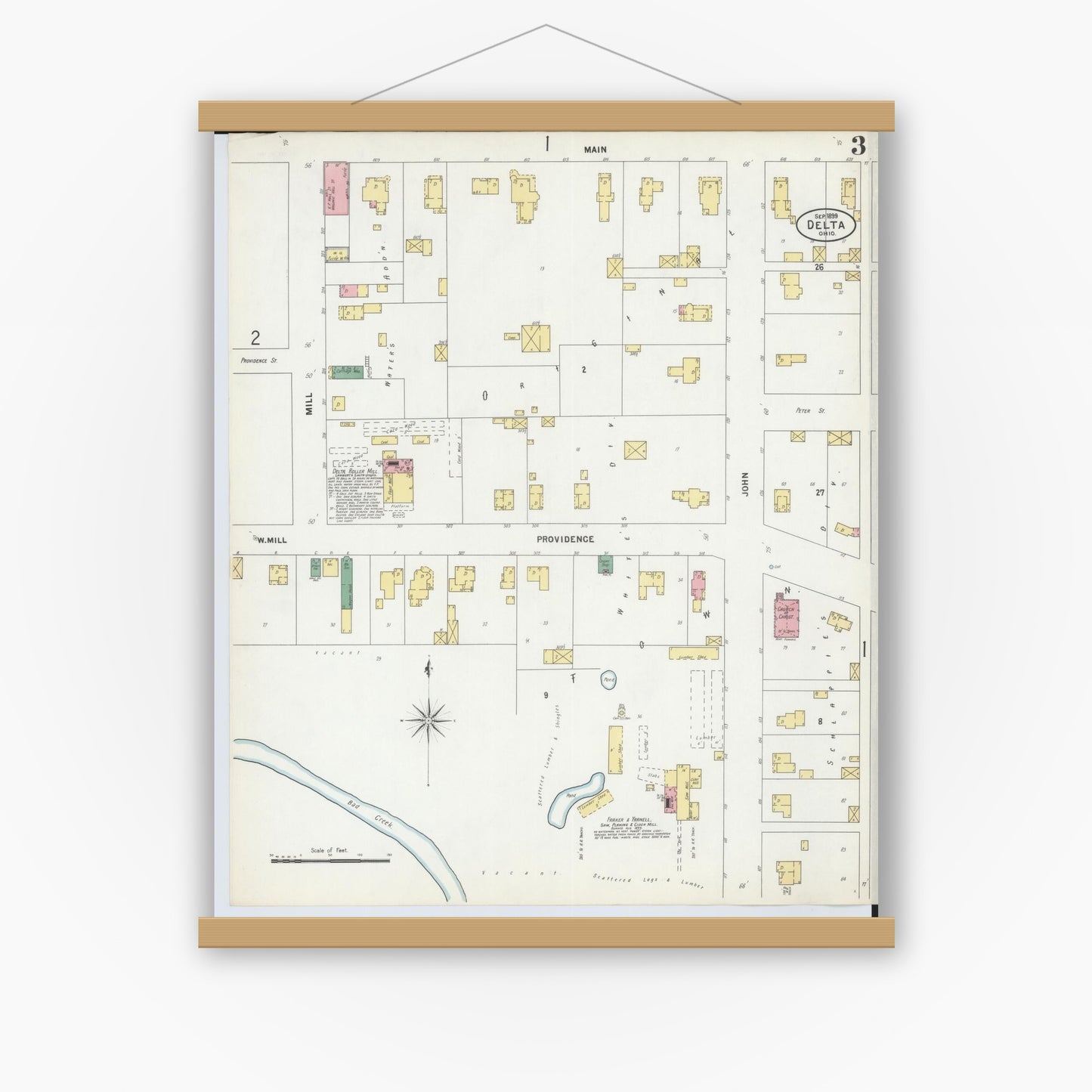 Old map wall art mockup — magnetic wood frame on white wall — Sanborn Fire Insurance Map from Delta, Fulton County, Ohio (1899), Sheet #0003
