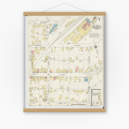 Old map wall art mockup — magnetic wood frame on white wall — Sanborn Fire Insurance Map from Barnesville, Belmont County, Ohio (1915), Sheet #0007