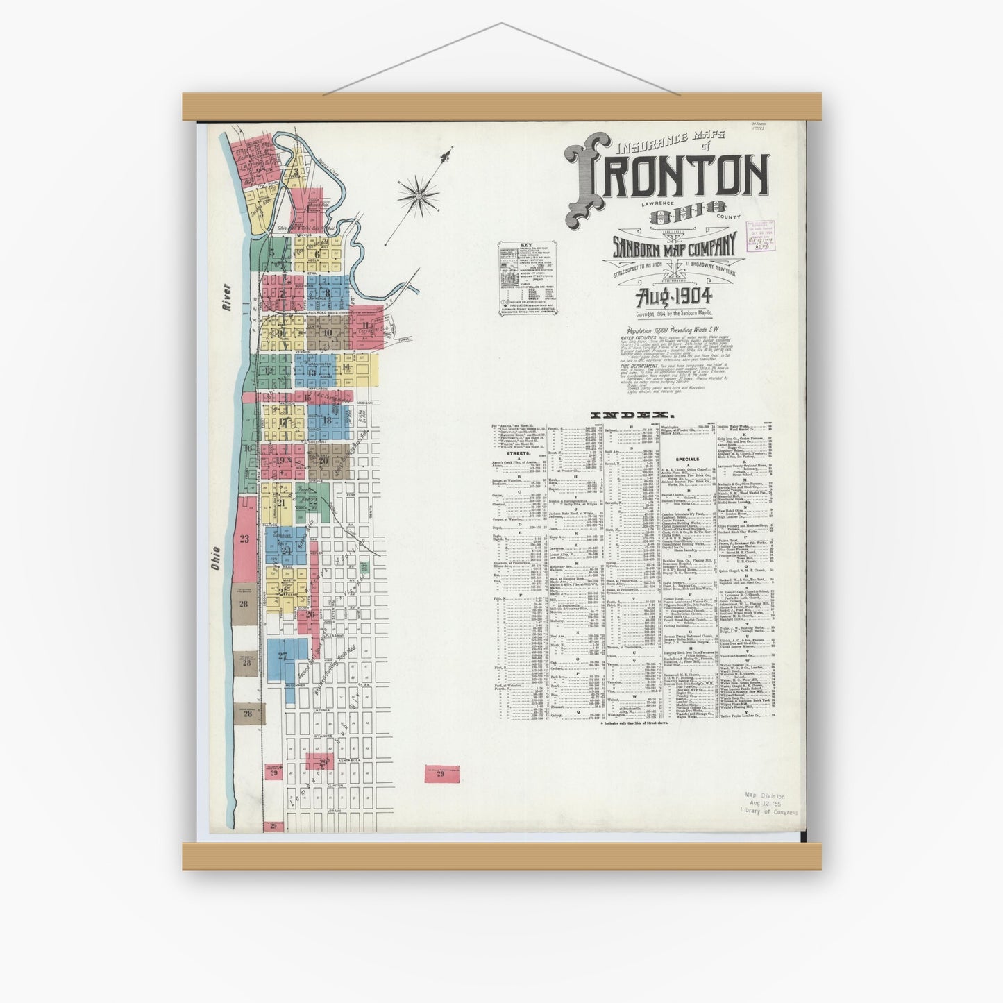 Old map wall art mockup — magnetic wood frame on white wall — Sanborn Fire Insurance Map from Ironton, Lawrence County, Ohio (1904), Sheet #0001