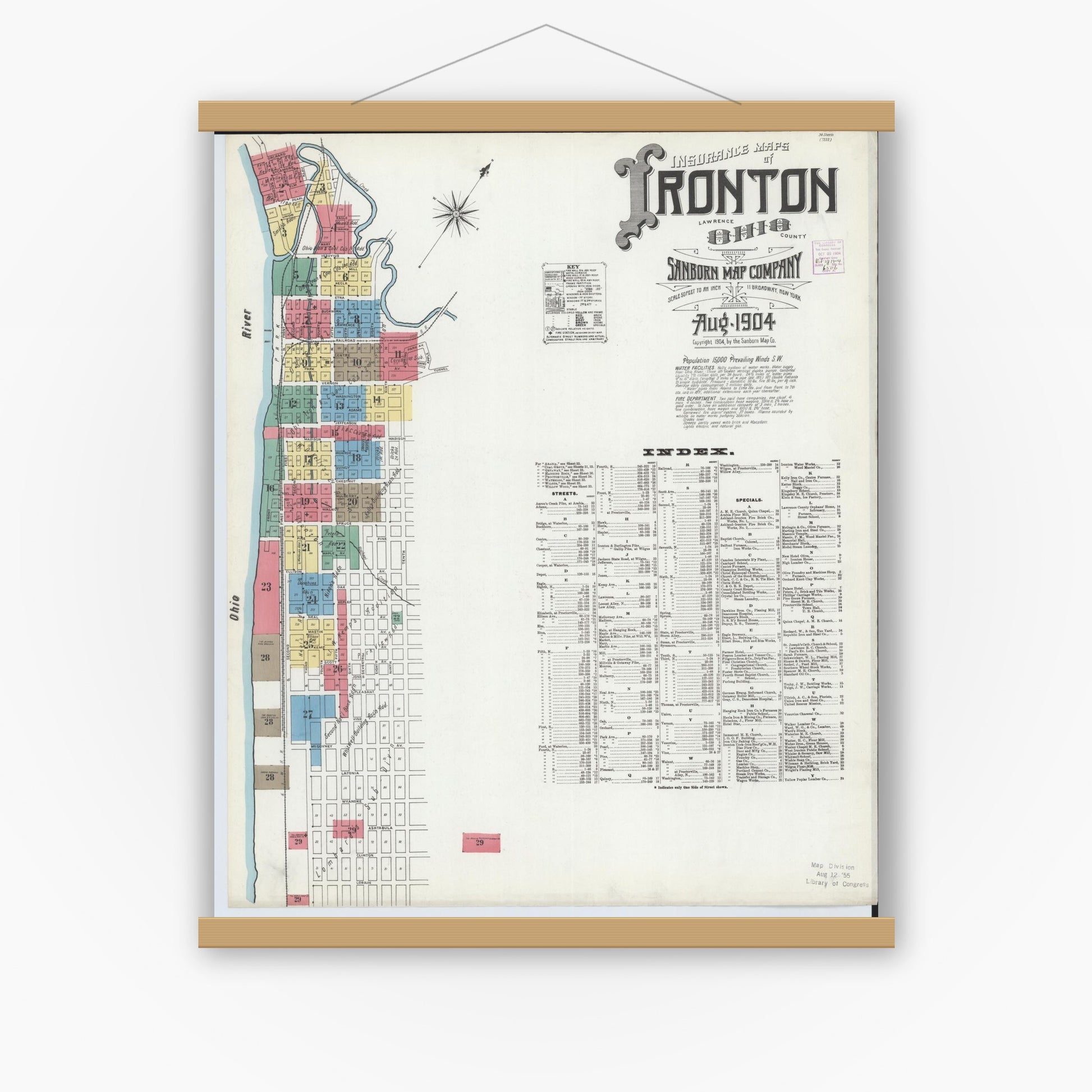 Old map wall art mockup — magnetic wood frame on white wall — Sanborn Fire Insurance Map from Ironton, Lawrence County, Ohio (1904), Sheet #0001