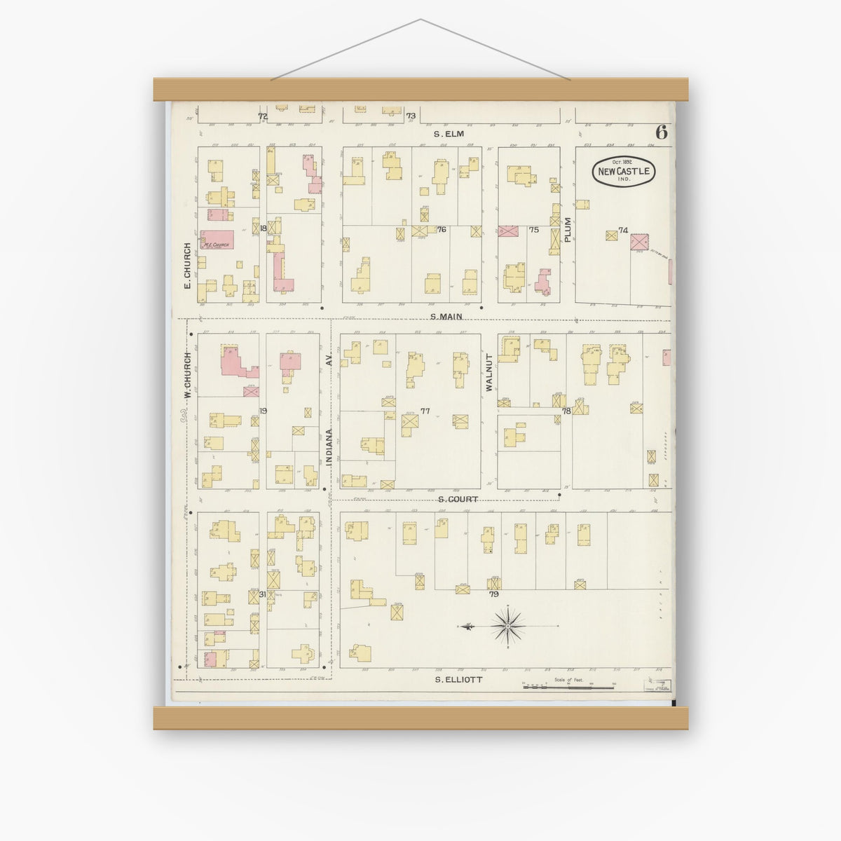 Old map wall art mockup — magnetic wood frame on white wall — Sanborn Fire Insurance Map from New Castle, Henry County, Indiana (1892), Sheet #0006