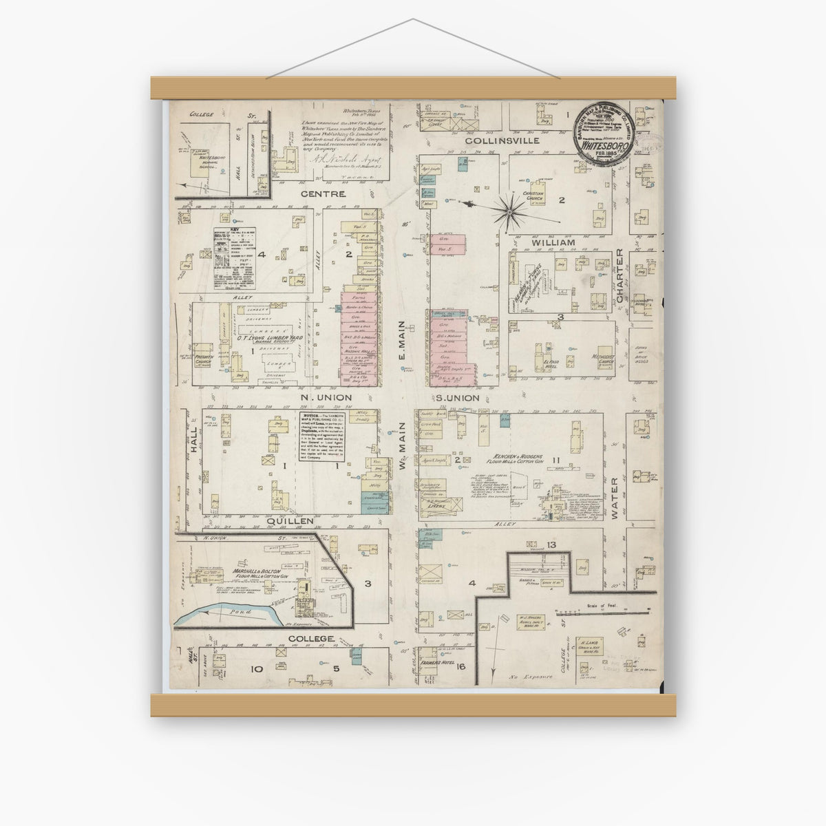 Old map wall art mockup — magnetic wood frame on white wall — Sanborn Fire Insurance Map from Whitesboro, Grayson County, Texas (1885), Sheet #0001
