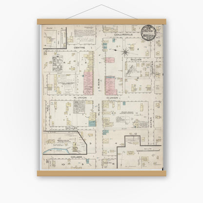 Old map wall art mockup — magnetic wood frame on white wall — Sanborn Fire Insurance Map from Whitesboro, Grayson County, Texas (1885), Sheet #0001