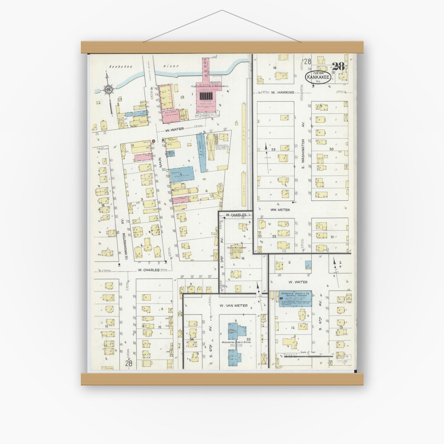Old map wall art mockup — magnetic wood frame on white wall — Sanborn Fire Insurance Map from Kankakee, Kankakee County, Illinois (1914), Sheet #0028