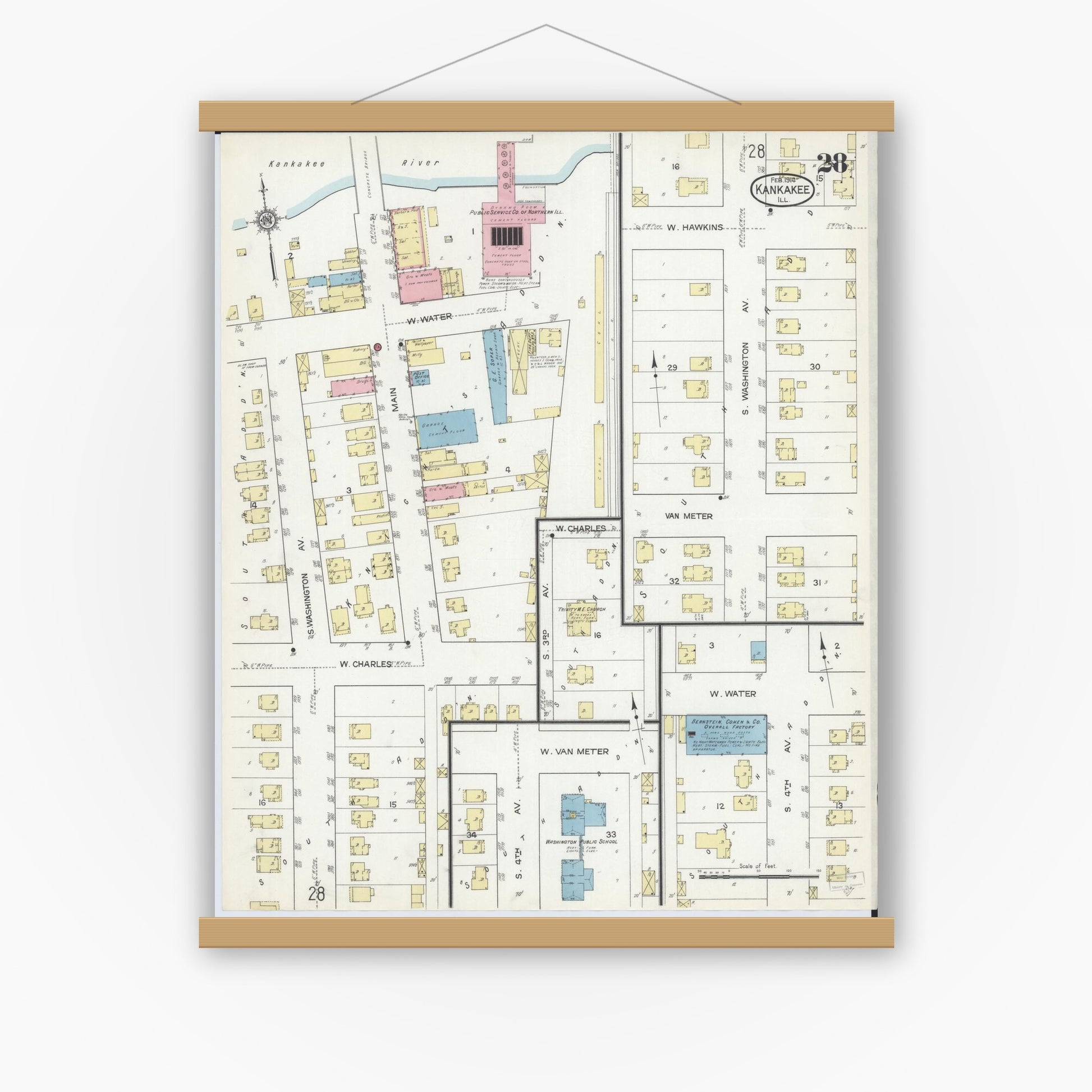 Old map wall art mockup — magnetic wood frame on white wall — Sanborn Fire Insurance Map from Kankakee, Kankakee County, Illinois (1914), Sheet #0028