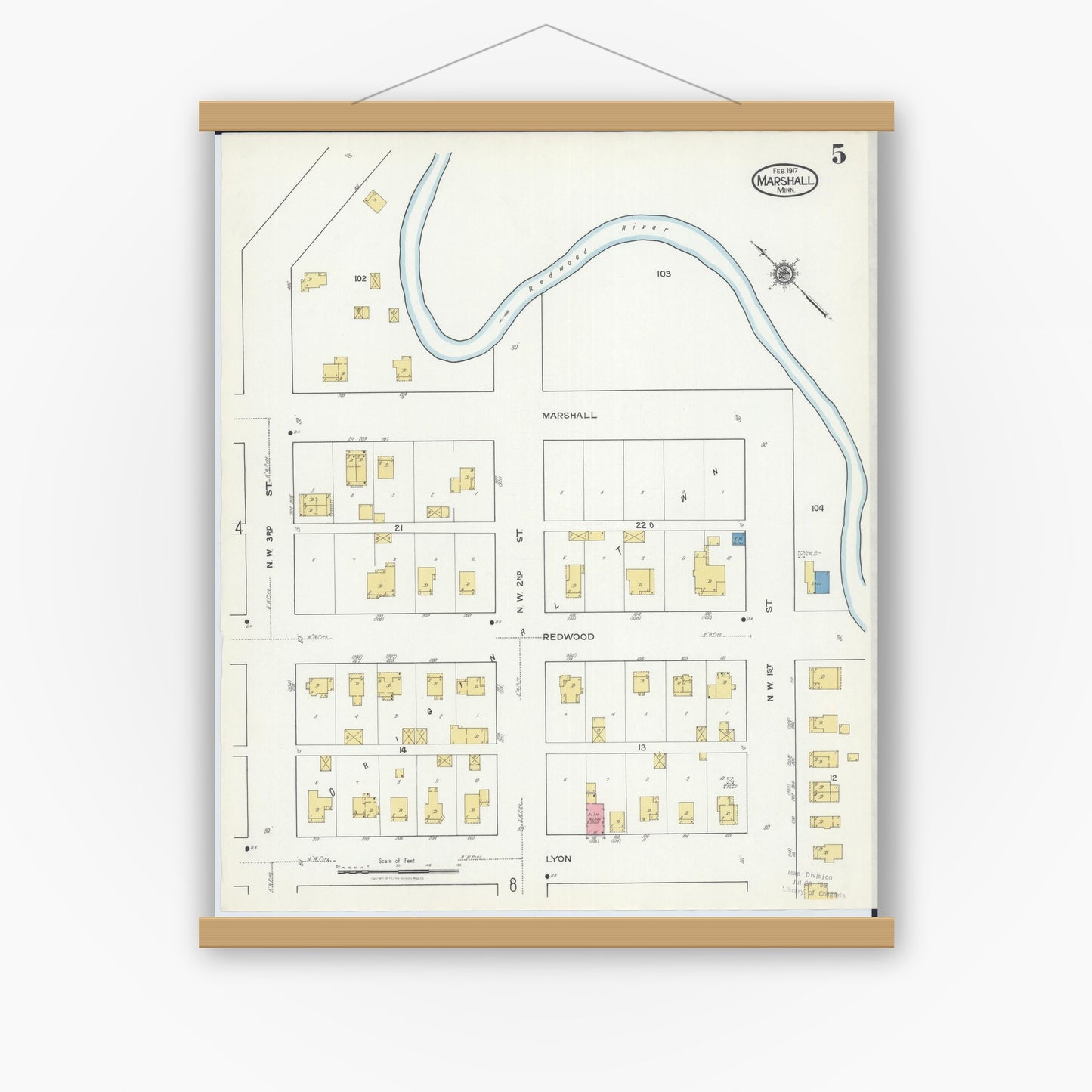 Old map wall art mockup — magnetic wood frame on white wall — Sanborn Fire Insurance Map from Marshall, Lyon County, Minnesota (1917), Sheet #0005