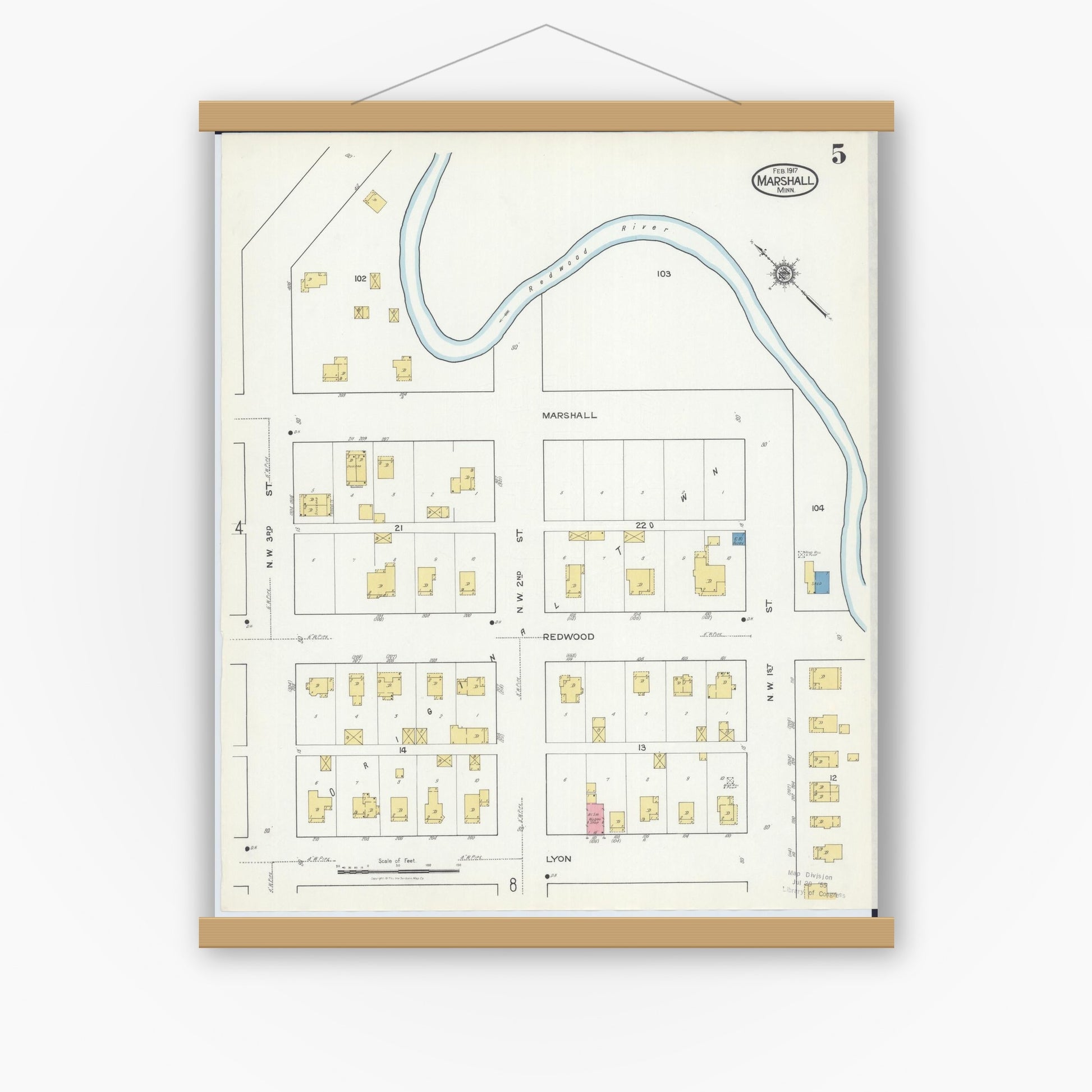 Old map wall art mockup — magnetic wood frame on white wall — Sanborn Fire Insurance Map from Marshall, Lyon County, Minnesota (1917), Sheet #0005