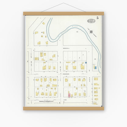 Old map wall art mockup — magnetic wood frame on white wall — Sanborn Fire Insurance Map from Marshall, Lyon County, Minnesota (1917), Sheet #0005