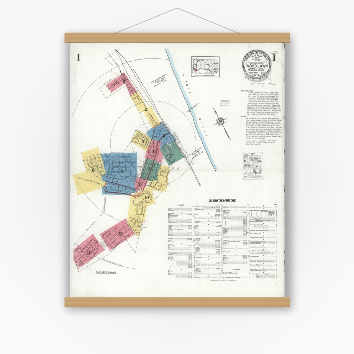 Old map wall art mockup — magnetic wood frame on white wall — Sanborn Fire Insurance Map from Woodlawn, Beaver County, Pennsylvania (1923) - Complete Map Set