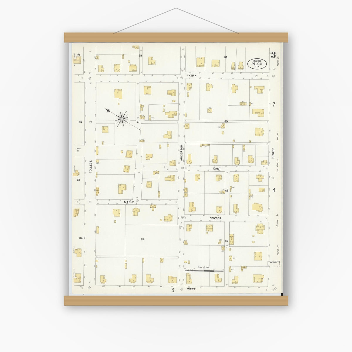 Old map wall art mockup — magnetic wood frame on white wall — Sanborn Fire Insurance Map from Hico, Hamilton County, Texas (1907), Sheet #0003