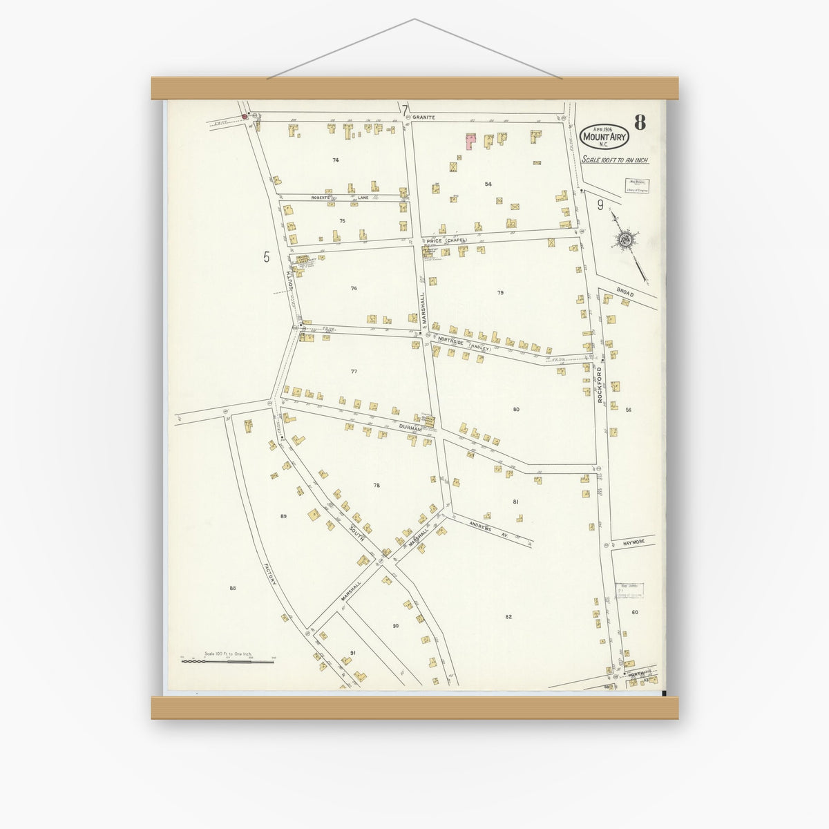 Old map wall art mockup — magnetic wood frame on white wall — Sanborn Fire Insurance Map from Mount Airy, Surry County, North Carolina (1916), Sheet #0008
