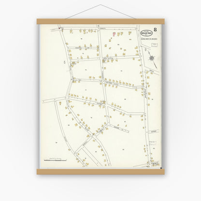 Old map wall art mockup — magnetic wood frame on white wall — Sanborn Fire Insurance Map from Mount Airy, Surry County, North Carolina (1916), Sheet #0008