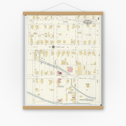 Old map wall art mockup — magnetic wood frame on white wall — Sanborn Fire Insurance Map from Buchanan, Berrien County, Michigan (1911), Sheet #0004
