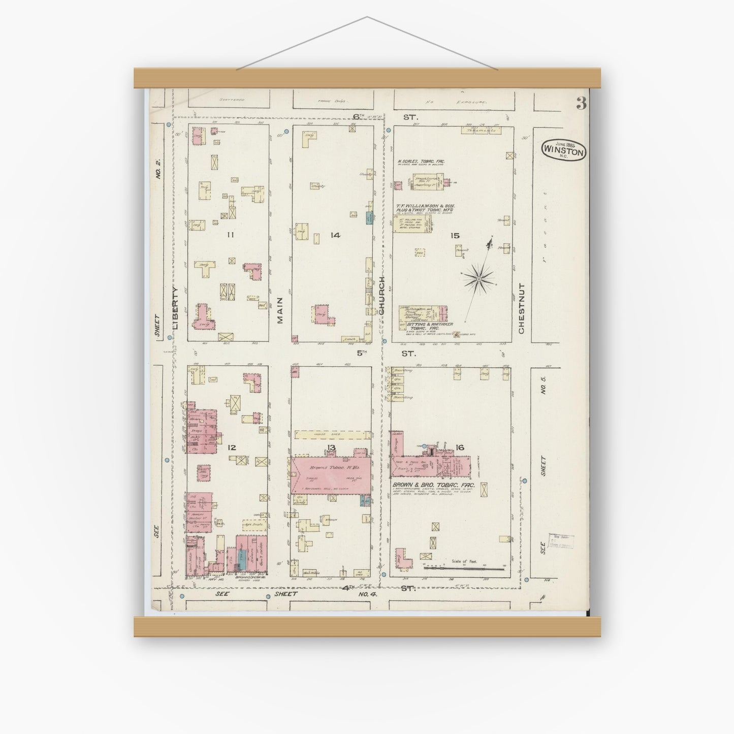 Old map wall art mockup — magnetic wood frame on white wall — Sanborn Fire Insurance Map from Winston-Salem, Forsyth County, North Carolina (1885), Sheet #0003