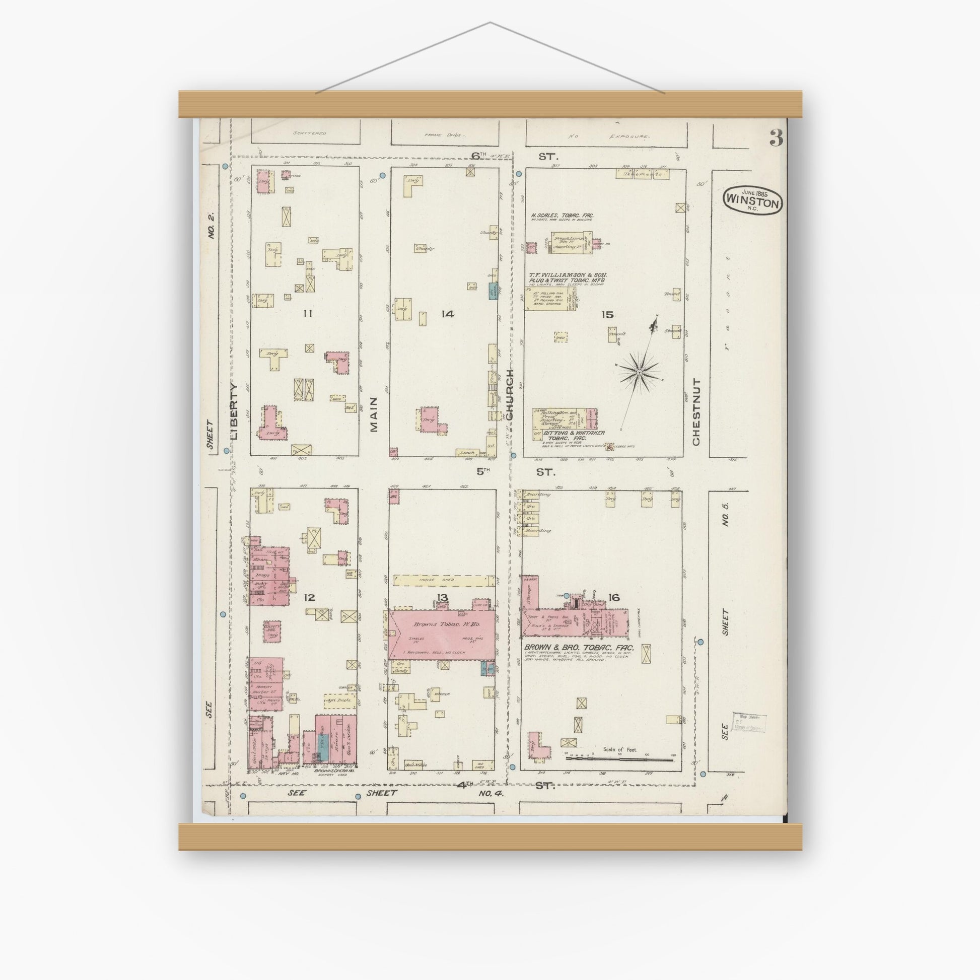 Old map wall art mockup — magnetic wood frame on white wall — Sanborn Fire Insurance Map from Winston-Salem, Forsyth County, North Carolina (1885), Sheet #0003