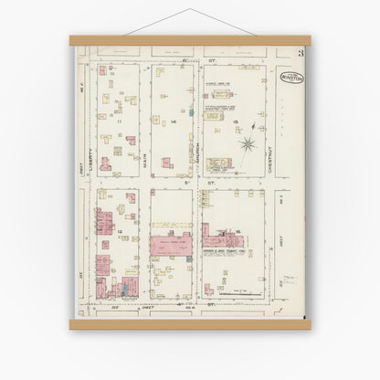 Old map wall art mockup — magnetic wood frame on white wall — Sanborn Fire Insurance Map from Winston-Salem, Forsyth County, North Carolina (1885), Sheet #0003