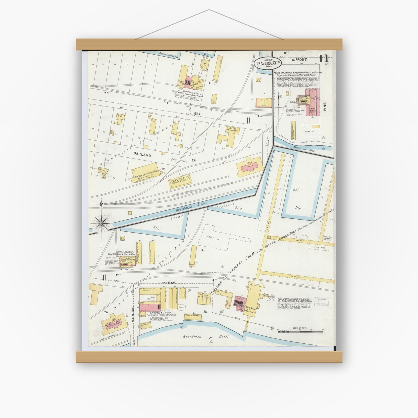 Old map wall art mockup — magnetic wood frame on white wall — Sanborn Fire Insurance Map from Traverse City, Grand Traverse County, Michigan (1899), Sheet #0011