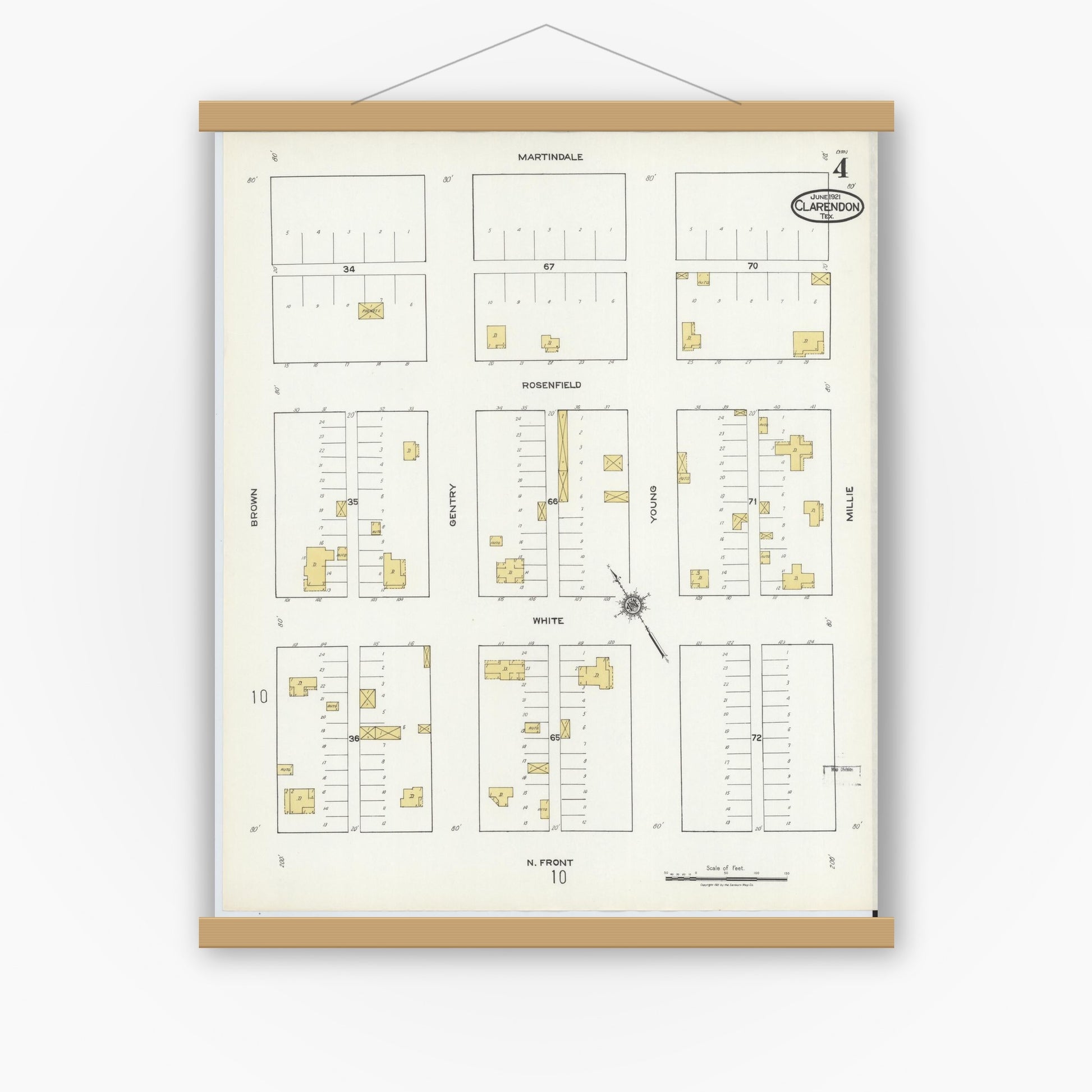 Old map wall art mockup — magnetic wood frame on white wall — Sanborn Fire Insurance Map from Clarendon, Donley County, Texas (1921), Sheet #0004