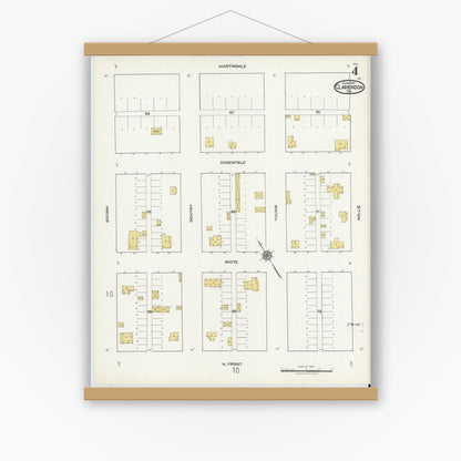 Old map wall art mockup — magnetic wood frame on white wall — Sanborn Fire Insurance Map from Clarendon, Donley County, Texas (1921), Sheet #0004