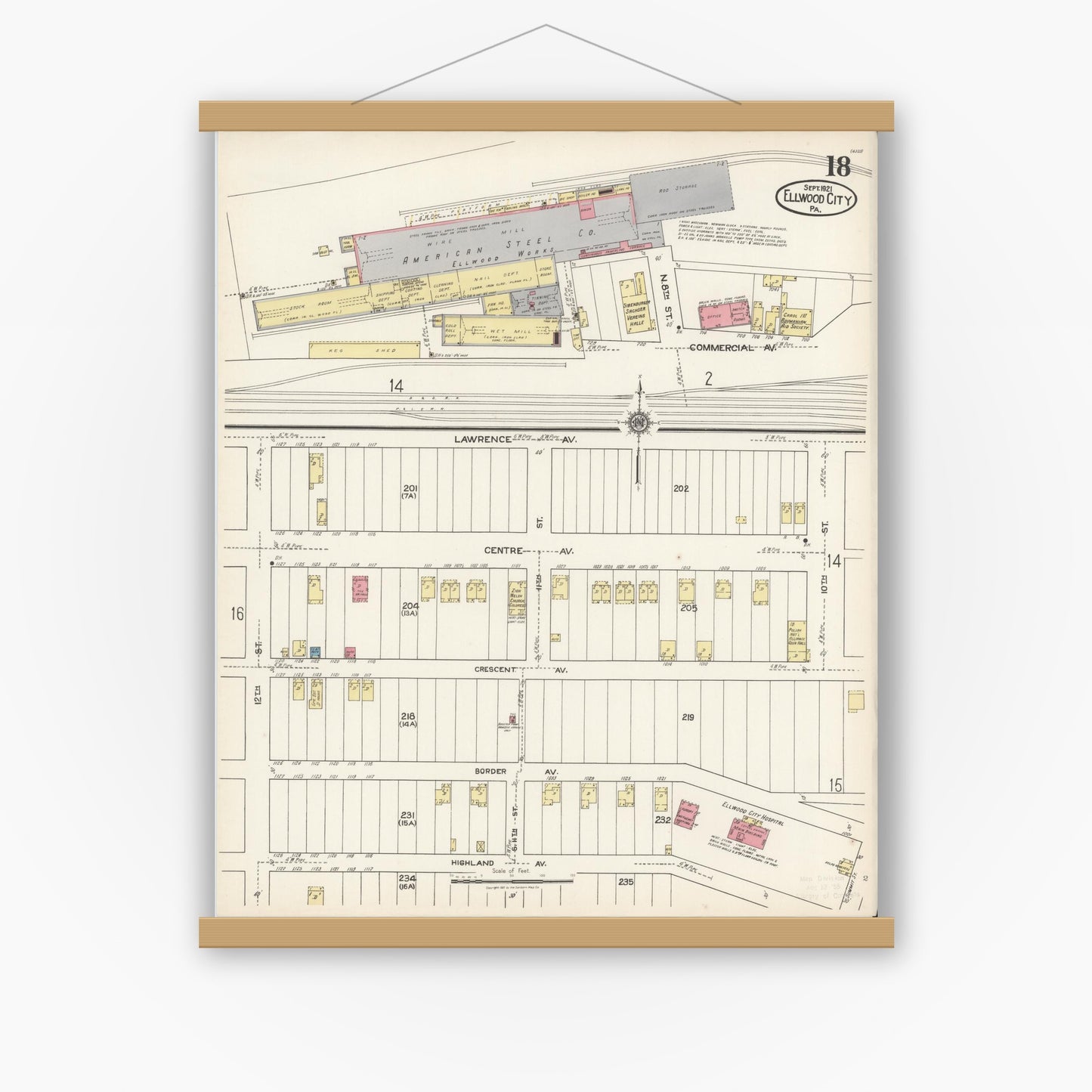 Old map wall art mockup — magnetic wood frame on white wall — Sanborn Fire Insurance Map from Ellwood City, Lawrence County, Pennsylvania (1921), Sheet #0018