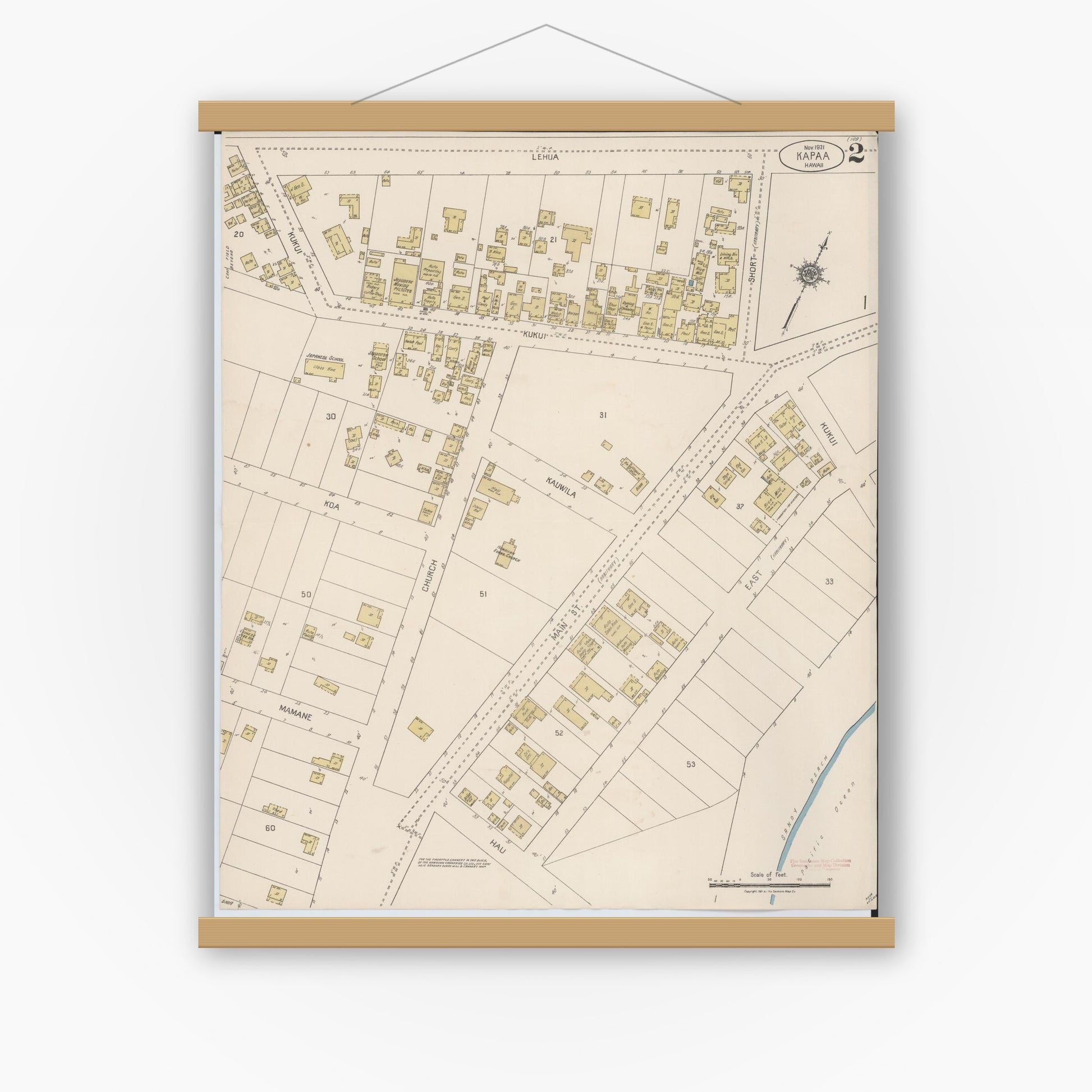 Old map wall art mockup — magnetic wood frame on white wall — Sanborn Fire Insurance Map from Kapaa, Kauai County, Hawaii (1921), Sheet #0002