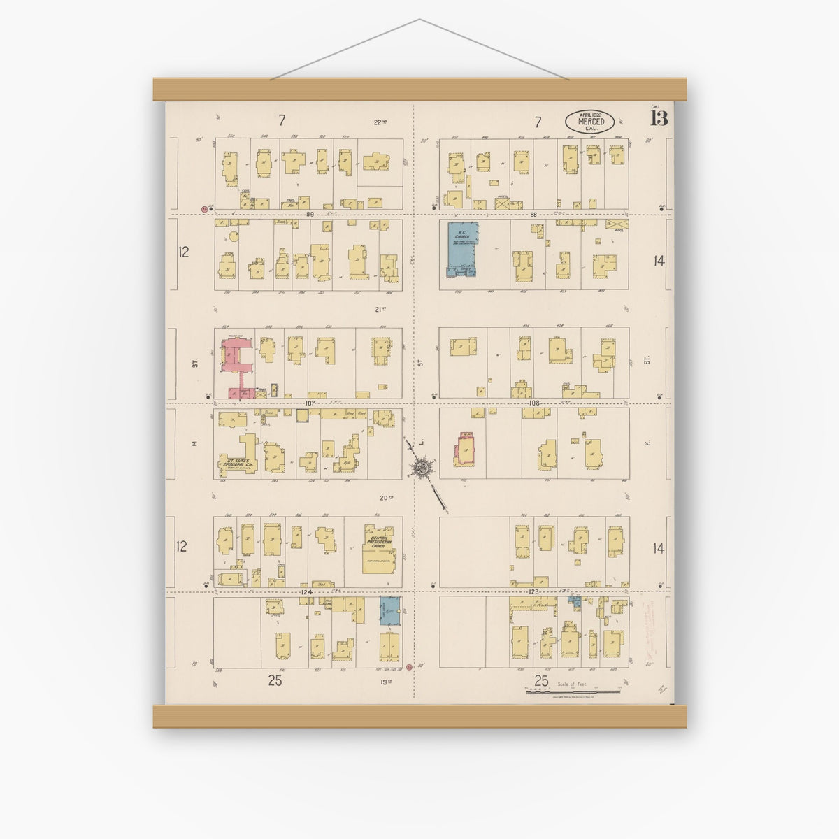 Old map wall art mockup — magnetic wood frame on white wall — Sanborn Fire Insurance Map from Merced, Merced County, California (1922), Sheet #0013