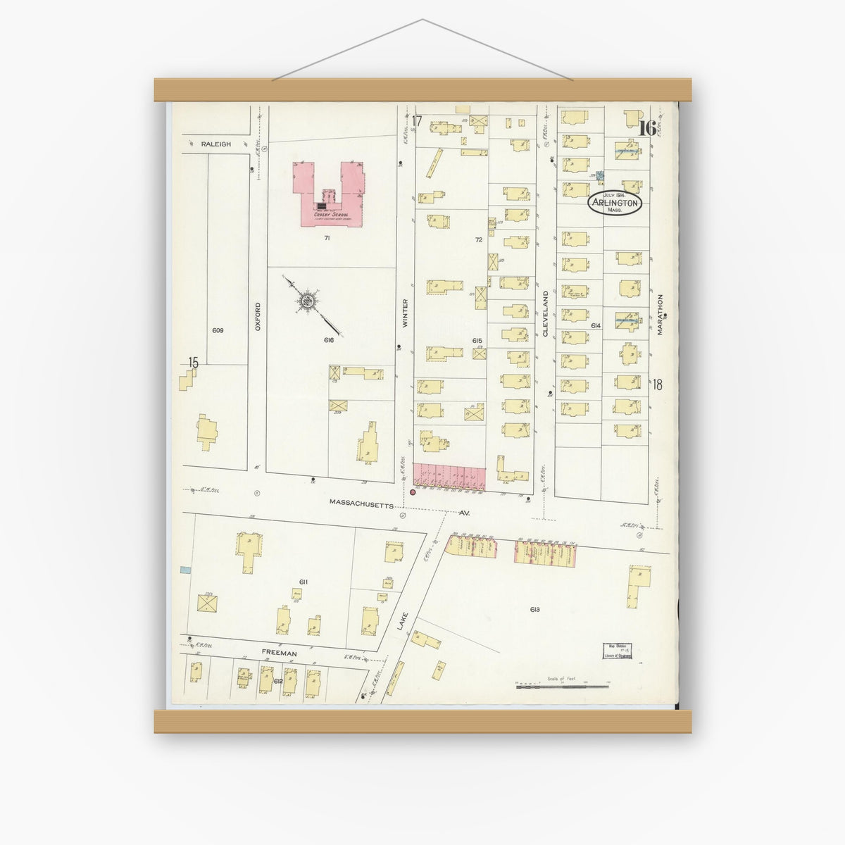 Old map wall art mockup — magnetic wood frame on white wall — Sanborn Fire Insurance Map from Arlington, Middlesex County, Massachusetts (1914), Sheet #0016