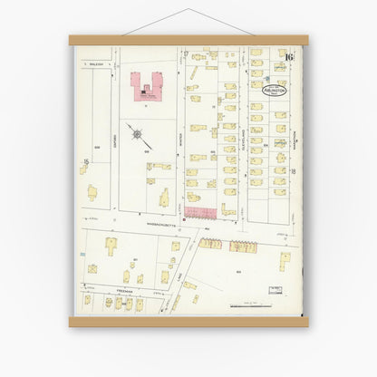 Old map wall art mockup — magnetic wood frame on white wall — Sanborn Fire Insurance Map from Arlington, Middlesex County, Massachusetts (1914), Sheet #0016