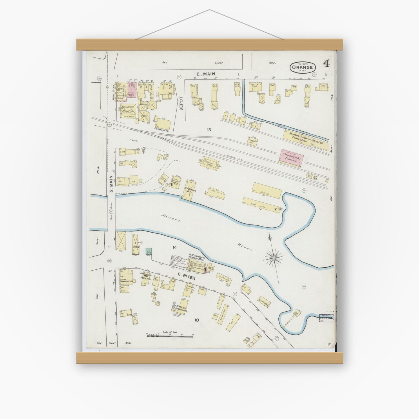 Old map wall art mockup — magnetic wood frame on white wall — Sanborn Fire Insurance Map from Orange, Franklin County, Massachusetts (1889), Sheet #0004